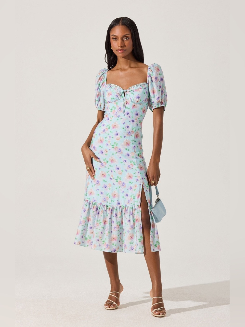 ASTR The Label Lace Trim Bustier Floral Midi Dress Size Medium Blue Purple New